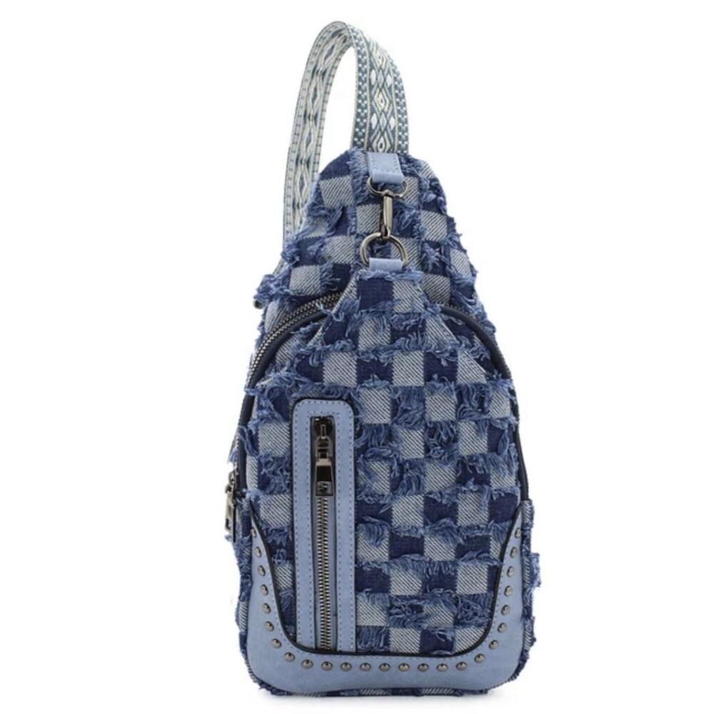 Sam & Hadley Checkered Pattern Denim Sling Bag